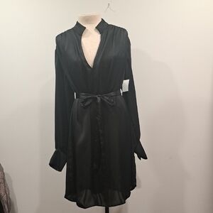 NWOT H&M Black Long Sleeve Satiny Dress. Deep V Neck. Wear Belted Or Unbelted. M
